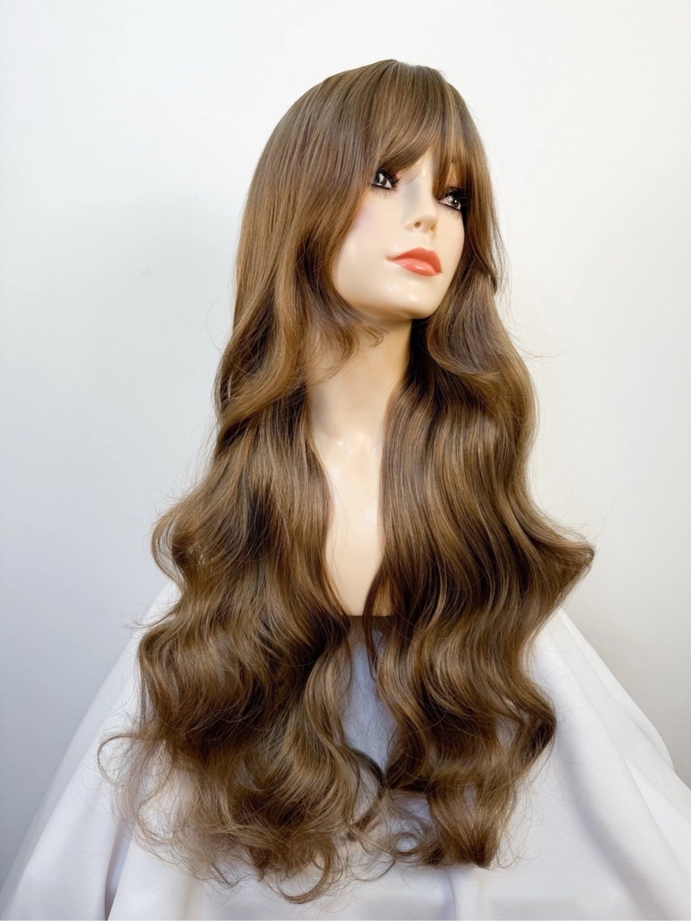 27”-31” Human Hair Blend Wig Natural Golden Blonde With Bangs Heat Resistant
